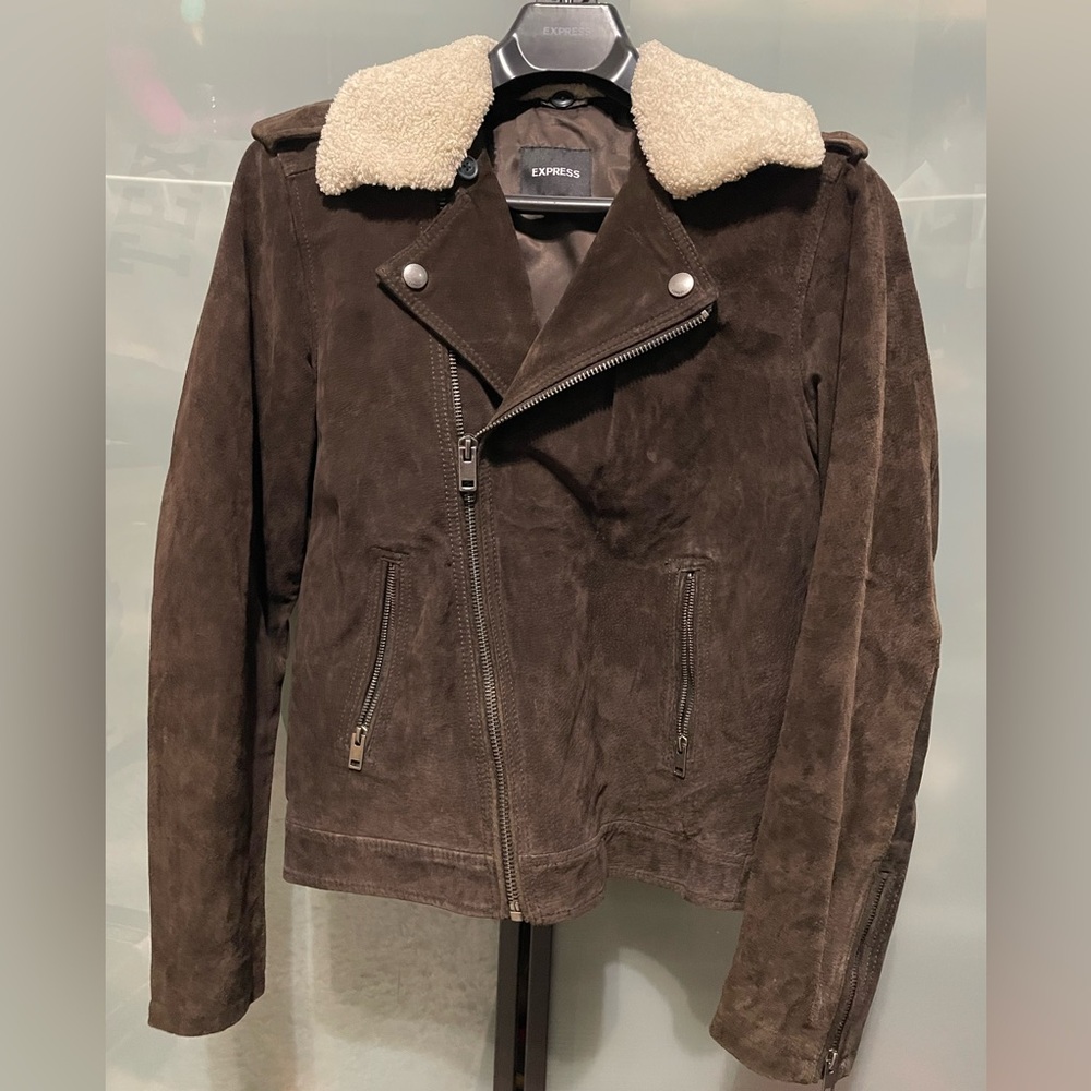 NWOT Express Dark Brown Suede Bomber Jacket with Cream Shearling Collar